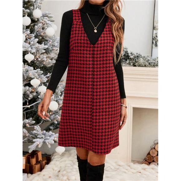 Variété Boutique Dresses & Skirts - Women's Casual Street Vintage Christmas Red & Black Check Intarsia Jumper Dress